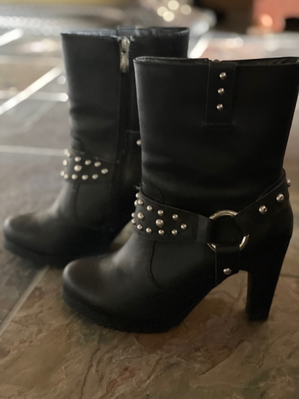 Black Studded Mid-Calf Heel Boots with Ring Accent